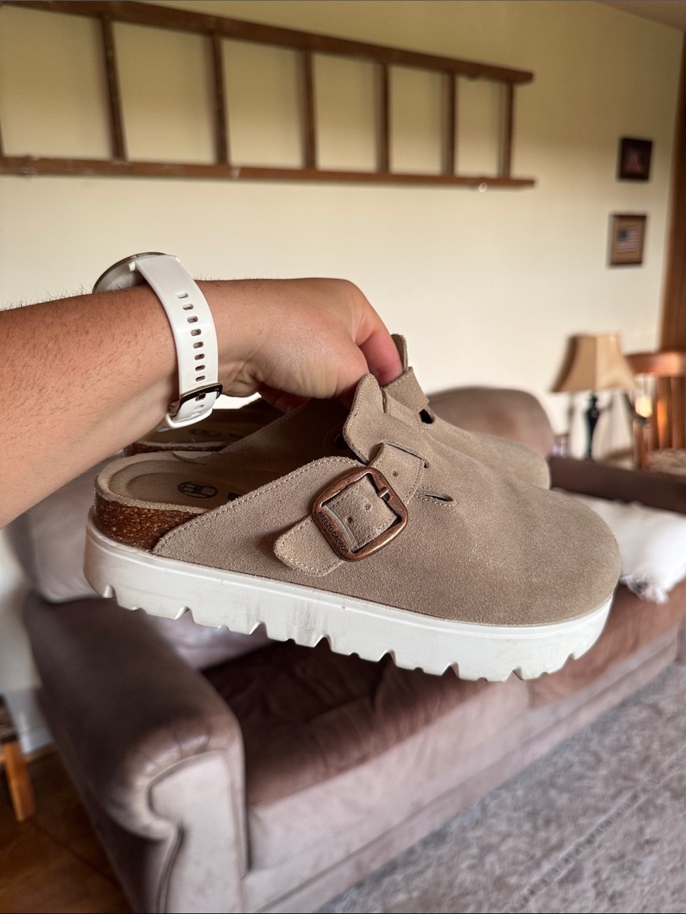 Taupe Suede Slip-On Clog with Buckle